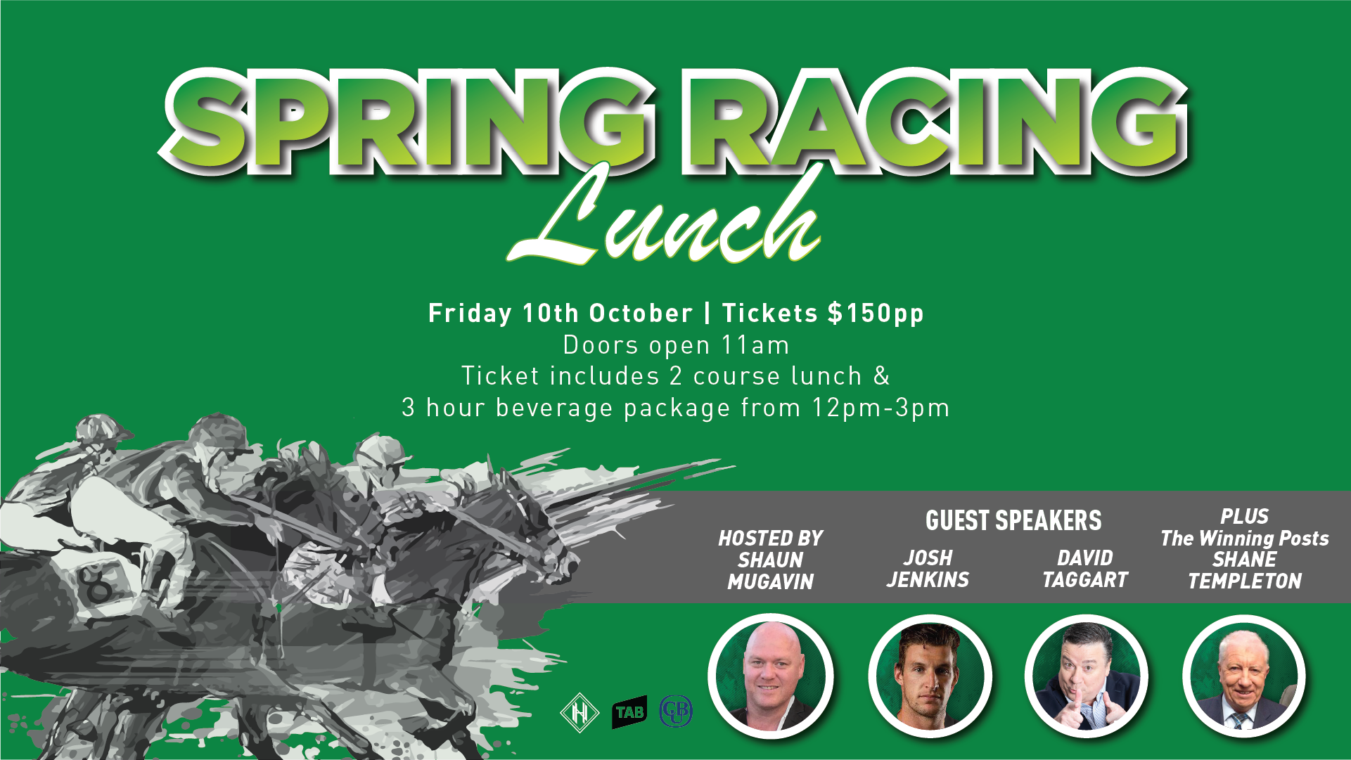 Spring Racing Lunch at Nixon Hotel with guest speakers on the panel and 3 hour beverage package from 2-5pm on Friday 10th October.