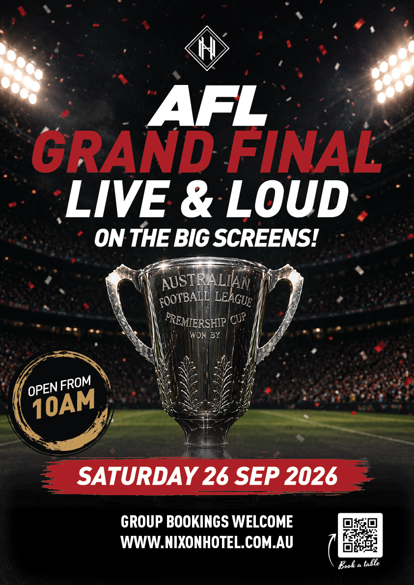 AFL Grand Final 2026 live and loud at Nixon Hotel Docklands, Saturday 26 September from 10am, with big screens, Carlton Draught Tank Beer and pub food.