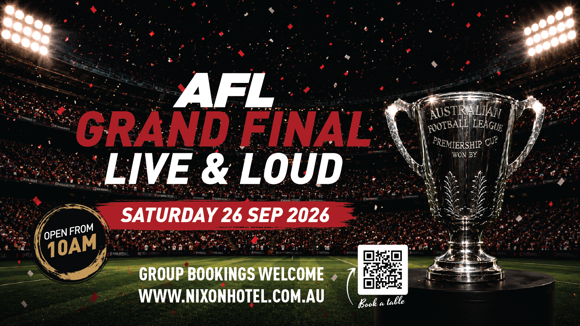 AFL Grand Final 2026 live and loud at Nixon Hotel Docklands, Saturday 26 September from 10am, with big screens, Carlton Draught Tank Beer and pub food.